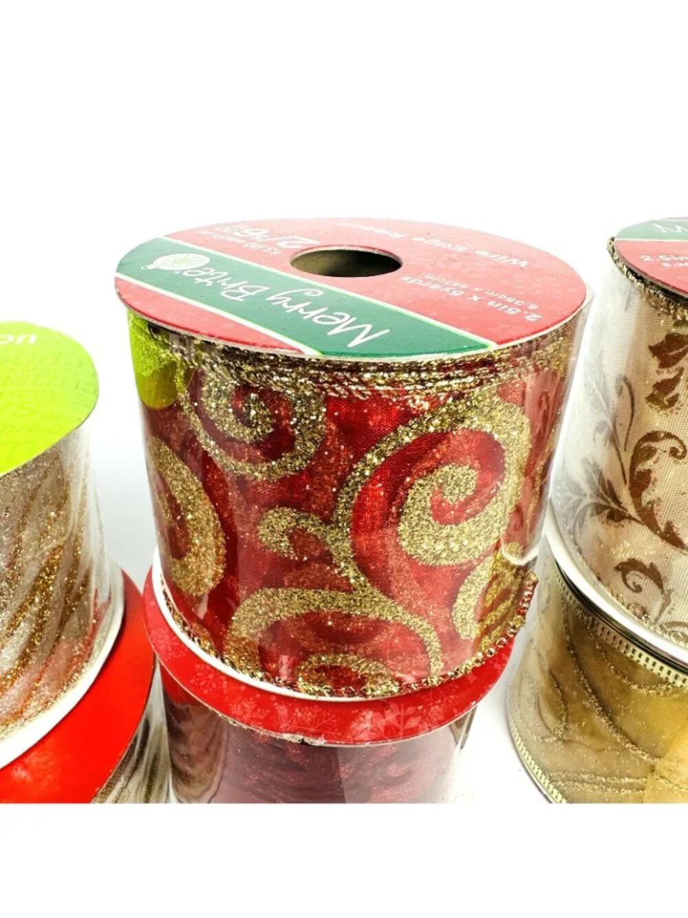 Holiday Christmas Ribbon Lot of 6 Red Gold Silver Sparkling Crafts Decor NEW!